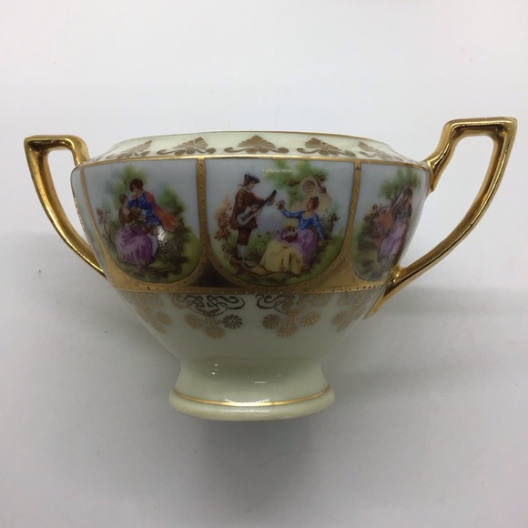 Covered Sugar And Creamer NC West Germany Hand Painted Love Story Courting Scene - Picture 8 of 11
